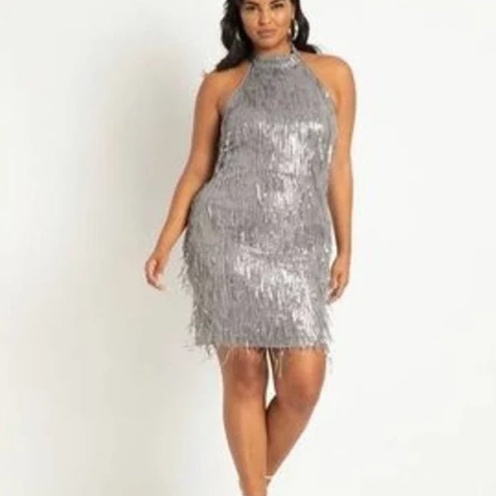 Eloquii Silver Sequin Metallic Fringe Halter Mini Cocktail Dress